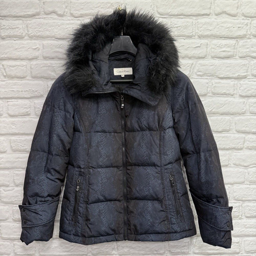 Calvin Klein‎ Down Puffer Coat Woman Sz M Snakeskin Print Faux Fur Hooded Parka